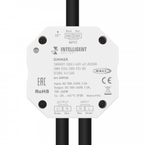 INTELLIGENT ARLIGHT Диммер SMART-DALI-601-62-ADDR-DIM-DT6-DRI-PD-IN (230V, 1x1.5A) 039135, Диммер DALI с выходом TRIAC. Питание/выход 100-240V, ток нагрузки 1x1.5A, максимальная суммарная мощность нагрузки 150-400W. Размер 52x52x26 мм.