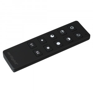 SMART-R6-DIM, Кнопочный радиопульт 2.4 ГГц черного цвета для управления одноцветным (DIM) источником света. 1 зона управления, управление яркостью с помощью кнопок. Питание 3VDC (CR2032). Габариты 135x40x11 мм. Изготовлен из пластика с покрытием Soft Touch. Управляет к