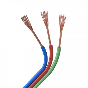 ARL-18AWG-3WIRE-CU, Шлейф для питания и управления мультибелыми (MIX) светодиодными лентами. 3 проводника, калибр проводника 18AWG, сечение проводника 0.84 мм2, проводник из луженой меди, внешняя оболочка из ПВХ синего, красного и зелёного цветов. Длина кабеля в бухте — 50 м