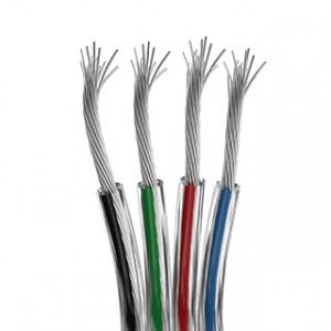 ARL-18AWG-CLEAR-4WIRE-CU, Шлейф для питания и управления RGB светодиодными лентами. 4 проводника, калибр проводника 18AWG, сечение проводника 0.84 мм2, проводник из луженой меди, внешняя оболочка из прозрачного ПВХ. Длина кабеля в бухте — 50 метров.