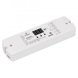 SMART-K16-DMX, Декодер DMX512 для трансляции DMX512 сигнала ШИМ(PWM) устройствам. Питание 12-24VDC. 4 канала, ток нагрузки 4x5A, мощность нагрузки 240-480W. Входной сигнал DMX512, выходной сигнал ШИМ(PWM). Цифровой дисплей на корпусе, адрес устанавливается с помощью кно