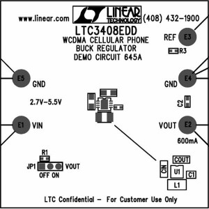 DC645A, Средства разработки интегральных схем (ИС) управления питанием LTC3408EDD WCDMA Cellular Phone Buck Regulator, VIN = 2.7V to 5.5V, VOUT = 600mA