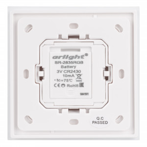 Панель Rotary SR-2835RGB-RF-UP White (3V, RGB) 020944, Накладная поворотная панель на стену для с/д RGB лент. Работает вместе с контроллерами серии SR-1009x. Управление по радиоканалу. Питание - 3V батарея CR2430. Размеры 86x86x27 mm. Подходят рамки GIRA Standard55, E2, Event, Esprit.