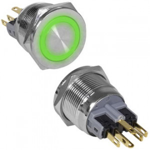 GQ22PF-11E/G/N ON-(OFF)+OFF-(ON), Антивандальная кнопка металлическая без фиксации с подсветкой, посадочная резьба М22, контакт на замыкание и контакт на размыкание, контакты под пайку