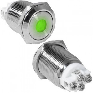 GQ19F-10ZD/G/N OFF-ON, Антивандальная кнопка металлическая с фиксацией с зеленой подсветкой, посадочная резьба М19, контакты под винт