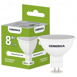 Лампа светодиодная MR16 софит 8Вт 230В 4000К GU5.3 GENERICA LL-MR16-08-230-40-GU5-G