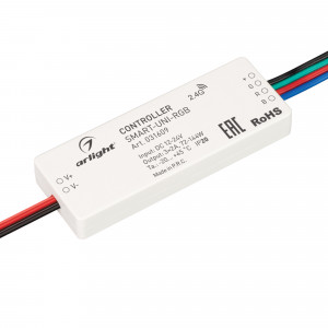 SMART-UNI-RGB, Контроллер для мультицветной (RGB) светодиодной ленты (ШИМ). Питание/рабочее напряжение 12-24VDC, максимальный ток 2A на канал, 3 канала, максимальная мощность 72-144W. Корпус - PVC. Габариты 64x23.5x8.5 мм. Управляется пультами и панелями серии SMART (по