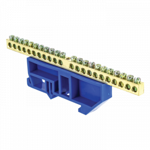 Шина "0" N (6х9мм) 22 отверстия латунь синий изолятор на DIN-рейку PROxima sn0-63-22-d