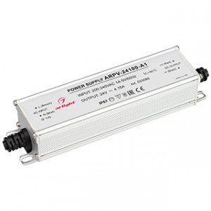 Блок питания ARPV-24100-A1 (24V, 4.16A, 100W) 033093, Источник напряжения с гальванической развязкой для светодиодных изделий. Входное напряжение 200-240 VAC. Выходные параметры: 24 В, 4.16 А, 100 Вт. Встроенный PFC >0.5. Герметичный алюминиевый корпус IP 67. Рабочая температура -40…+70C?. Габаритные размеры