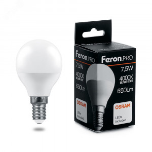 Лампа светодиодная LED 7.5вт Е14 белый матовый шар Feron.PRO 38072