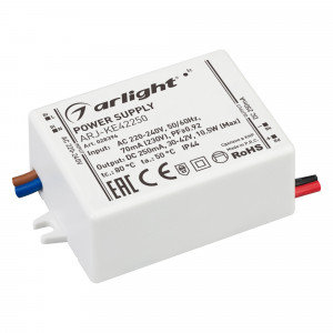 ARJ-KE42250, Источник тока с гальванической развязкой для светильников и мощных светодиодов. Входное напряжение 220-240 VAC. Выходные параметры: 30-42 В, 250 mА, 11 Вт. Встроенный PFC >0.95. Негерметичный пластиковый корпус IP 44.
