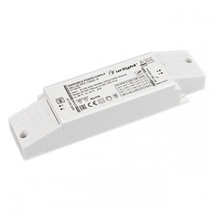 ARJ-40-PFC-TRIAC-A, Диммируемый источник тока по стандарту TRIAC с гальванической развязкой для светильников и мощных светодиодов. Входное напряжение 220-240 VAC. Выходные параметры: 27-38 В, 700-1050 mА, 40 Вт. Выбор значения тока осуществляется DIP-переключателем.