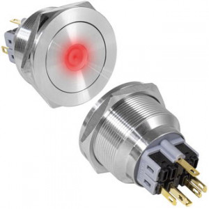 GQ28PF-11ZD/R/N ON-OFF+OFF-ON, Антивандальная кнопка металлическая с фиксацией и с подсветкой, посадочная резьба М28, контакты под пайку