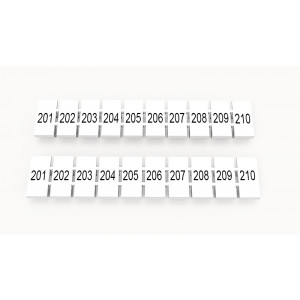 ZB5-10P-19-232Z(H), Маркировочные шильдики для клемм WS…, DC…, PC…, сечением 2,5 мм кв., центральная, 10 шильдиков, нанесенные символы: 201-210 с вертикальным расположением, размер шильдика: 4,55х10,7 мм, цвет белый