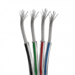 Шлейф питания ARL-22AWG-CLEAR-4Wire-CU 034964, Шлейф для питания и управления RGB светодиодными лентами. 4 проводника, калибр проводника 22AWG, сечение проводника 0.31 мм2, проводник из луженой меди, внешняя оболочка из прозрачного ПВХ. Длина кабеля в бухте — 50 метров