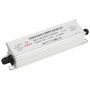 Блок питания ARPV-24100-A1 (24V, 4.16A, 100W) 033093, Источник напряжения с гальванической развязкой для светодиодных изделий. Входное напряжение 200-240 VAC. Выходные параметры: 24 В, 4.16 А, 100 Вт. Встроенный PFC >0.5. Герметичный алюминиевый корпус IP 67. Рабочая температура -40…+70C?. Габаритные размеры