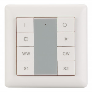 INTELLIGENT ARLIGHT Панель DALI-223-1G-MIX-IN (BUS, DT8) 025507, Встраиваемая кнопочная белая пластиковая панель для работы по протоколу DALI. Включение/выключение, диммирование и управления цветом свечения (MIX, CCT, HCL) 1 группы. Вызов и сохранение 2-х сцен. Поддержка команд DT8, при адресации 2 каналов (CW+WW) на 1