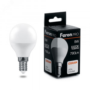 Лампа светодиодная LED 9вт Е14 дневной матовый шар Feron.PRO 38079