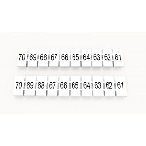 ZB5-10P-19-163Z(H), Маркировочные шильдики для клемм WS…, DC…, PC…, сечением 2,5 мм кв., центральная, 10 шильдиков, нанесенные символы: 70-61 с вертикальным расположением, размер шильдика: 4,55х10,7 мм, цвет белый