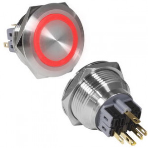 GQ30-11E/R/N ON-(OFF)+OFF-(ON), Антивандальная кнопка металлическая без фиксации с подсветкой, посадочная резьба М30, контакты под пайку