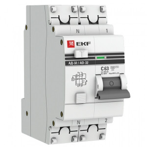 Выключатель автоматический дифференциального тока 2п (1P+N) C 63А 300мА тип AC 4.5кА АД-32 защита 270В электрон. PROxima DA32-63-300-pro