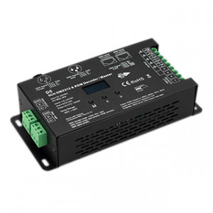 Декодер SMART-K55-DMX (12-24V, 5x6A, XLR3) 028449, Декодер DMX512 для трансляции DMX512 сигнала ШИМ(PWM) устройствам. Питание 12-24VDC. 5 каналов, ток нагрузки 5x6A, мощность нагрузки 360-720W. Входной сигнал DMX512 (XLR3, RJ45 терминальные клеммы), выходной сигнал ШИМ(PWM) (терминальные клеммы). OLED дис