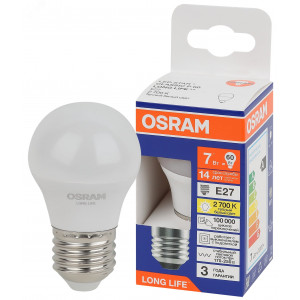 Лампа светодиодная LED 7Вт Е27 2700К 600Лм шар 220В (замена 60Вт) OSRAM 4099854186516