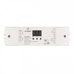 Декодер SMART-K33-DMX (12-24V, 1x15A) 028406, Декодер DMX512 для трансляции DMX512 сигнала ШИМ(PWM) устройствам. Питание 12-24VDC. 1 канал, ток нагрузки 1x15A, мощность нагрузки 180-360W. Входной сигнал DMX512, выходной сигнал ШИМ(PWM). Цифровой дисплей на корпусе, адрес устанавливается с помощью кно