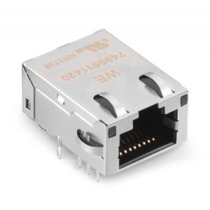 7499611421, Модульные соединители / соединители Ethernet WE-RJ45LAN Transformer 10/100/1000/10G Base-T, THT, 1x1, Tab up, with shield tabs, with LED L-R yellow/green-green