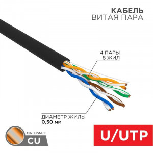 Кабель UTP 4PR 24AWG, CU черный, внешний без экрана, CAT5e, одножильный, бухта 100м