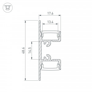 Профиль ARH-WALL-1849-DUAL-2000 ANOD 036339, Настенный алюминиевый анодированный профиль для светодиодных лент и линеек с двусторонним свечением для создания эффекта «отраженного света». Габаритные размеры (LхWхH): 2000x17,6x48,6мм. Ширина площадок для лент 13,4 мм.