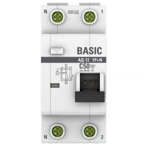 Выключатель автоматический дифференциального тока 2п (1P+N) C 50А 30мА тип AC 4.5кА АД-12 Basic DA12-50-30-bas