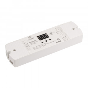 SMART-K20-DMX, Декодер тока DMX512 для трансляции DMX512 сигнала ШИМ(PWM) устройствам, таким как светильники и мощные светодиоды. Питание 12-48VDC. 4 канала, ток нагрузки 4x700mA, мощность нагрузки 33.6-134.4W. Входной сигнал DMX512, выходной сигнал ШИМ(PWM). Цифровой д