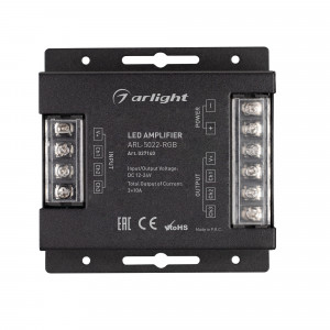 ARL-5022-RGB, 3-х канальный RGB усилитель для контроллеров (12-24VDC). Питание 12-24VDC. 3 канала, ток нагрузки 3x10A, мощность нагрузки 360-720W. Размер 91x88x24 мм.