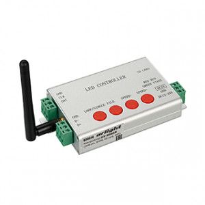 HX-806SB, Контроллер для лент RGB «Бегущий огонь» и управляемых модулей, протокол SPI и DMX512. Напряжение 5–24 В, 1 выходной порт, до 2048 пикселей, запись программ на SD-карту (ПО LED Build). Управление по Wi-Fi c мобильных устройств.
