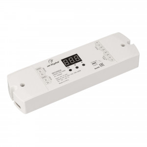 SMART-K33-DMX, Декодер DMX512 для трансляции DMX512 сигнала ШИМ(PWM) устройствам. Питание 12-24VDC. 1 канал, ток нагрузки 1x15A, мощность нагрузки 180-360W. Входной сигнал DMX512, выходной сигнал ШИМ(PWM). Цифровой дисплей на корпусе, адрес устанавливается с помощью кно