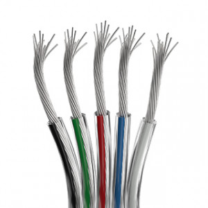 ARL-20AWG-CLEAR-5WIRE-CU, Шлейф для питания и управления RGBW светодиодными лентами. 5 проводников, калибр проводника 20AWG, сечение проводника 0.52 мм2, проводник из луженой меди, внешняя оболочка из прозрачного ПВХ. Длина кабеля в бухте — 50 метров