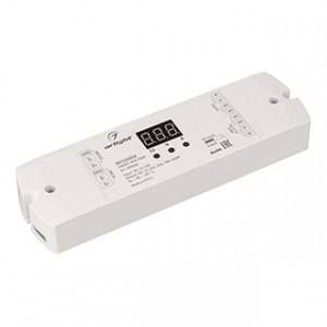 SMART-K33-DMX, Декодер DMX512 для трансляции DMX512 сигнала ШИМ(PWM) устройствам. Питание 12-24VDC. 1 канал, ток нагрузки 1x15A, мощность нагрузки 180-360W. Входной сигнал DMX512, выходной сигнал ШИМ(PWM). Цифровой дисплей на корпусе, адрес устанавливается с помощью кно