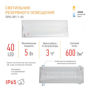 Светильник светодиодный DPA-301-1-65 IP65 40LED 3ч аварийный постоянный Б0051843