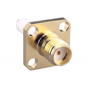 CONSMA016-15-G, РЧ соединители / Коаксиальные соединители SMA, Panel Mount, Female Receptacle, 4-Hole SQ Flange, 15mm Extended Insulation, Gold