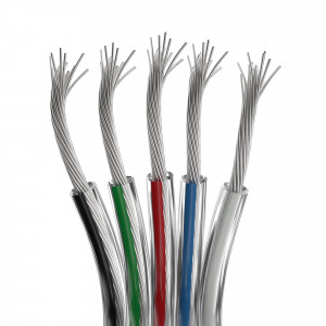 ARL-18AWG-CLEAR-5WIRE-CU, Шлейф для питания и управления RGBW светодиодными лентами. 5 проводников, калибр проводника 18AWG, сечение проводника 0.84 мм2, проводник из луженой меди, внешняя оболочка из прозрачного ПВХ. Длина кабеля в бухте — 50 метров