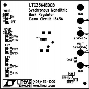 DC1343A, Средства разработки интегральных схем (ИС) управления питанием LTC3564DCB6 Demo Board 2.25MHz, 1.2A Synchronous Step-Down Regulator in ThinSOT