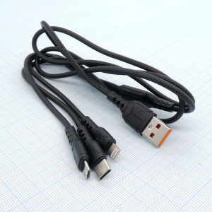 Шнур USB-Type-C/microUSB/Lighting GoPower GP05-3-1, Универсальный кабель USB 3в1: Type-C/ microUSB/ Lighting