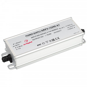 Блок питания ARPV-12200-A1 (12V, 16.6A, 200W) 032317, Источник напряжения с гальванической развязкой для светодиодных изделий. Входное напряжение 200-240 VAC. Выходные параметры: 12 В, 16,7 А, 200 Вт. Встроенный PFC >0,5. Герметичный алюминиевый корпус IP 67. Рабочая температура -40…+70C?. Габаритные размеры