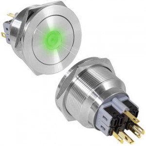 GQ28PF-11D/G/N ON-(OFF)+OFF-(ON), Антивандальная кнопка металлическая без фиксации с подсветкой, посадочная резьба М28, контакты под пайку