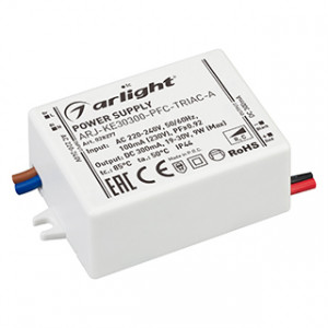 ARJ-KE30300-PFC-TRIAC-A, Диммируемый источник тока по стандарту TRIAC с гальванической развязкой для светильников и мощных светодиодов. Входное напряжение 220-240 VAC. Выходные параметры: 19-30 В, 300 mА, 9 Вт. Встроенный PFC >0,92. Негерметичный пластиковый корпус IP 44. Габарит