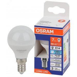 Лампа светодиодная LED 7Вт Е14 6500К 600Лм шар 220В (замена 60Вт) OSRAM 4099854186486