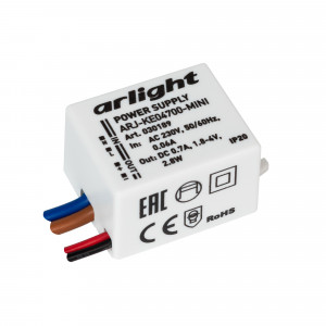 ARJ-KE04700-MINI, Источник тока с гальванической развязкой для светильников и мощных светодиодов. Входное напряжение 220-240 VAC. Выходные параметры: 1,8-4 В, 700 mА, 2,8 Вт. Встроенный PFC >0.4. Негерметичный пластиковый корпус IP 20. Габаритные размеры длина 34 мм, ширин