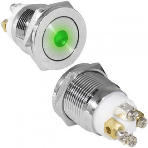 GQ19PF-10D/G/N OFF-(ON), Антивандальная кнопка металлическая без фиксации с зеленой подсветкой, посадочная резьба М19, контакты под винт