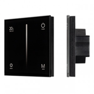 Панель SMART-P6-DIM-G-IN Black (12-24V, 4x3A, Sens, 2.4G) 034780, Встраиваемая сенсорная стеклянная панель 2.4 ГГц, цвет чёрный. Для управления одноцветными источниками света (ШИМ). Управление яркостью с помощью сенсорной полосы. Работает в режиме master/slave и может выполнять функцию независимого контроллера. Питание/